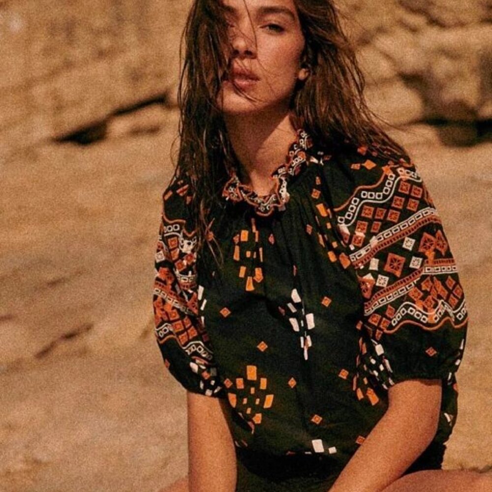 Sezane Black Boho Print Puff-Sleeve Blouse